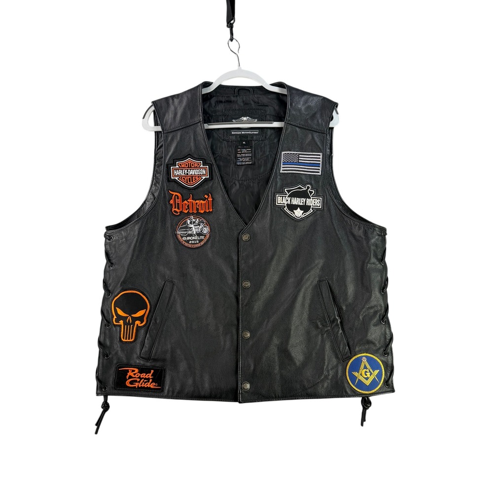 Harley Davidson Leather Vest Mens XL Cowhide Patched HOG Tail of Dragon Detroit